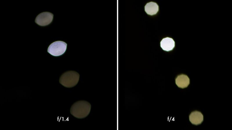 Side-by-side images show four out-of-focus lights. The left (labeled f/1.4) has more oval and softer bokeh, while the right (labeled f/4) displays more round and defined shapes. Both have a black background.