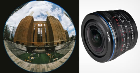 A fisheye photo of a tall brick building with two chimneys is shown on the left; on the right is a close-up of a black Laowa camera lens with detailed markings.