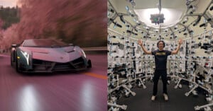 Split image: Left, a sleek gray Lamborghini speeds down a scenic, pink-hued road. Right, a person stands with raised arms inside a circular chamber filled with numerous cameras pointing inward.
