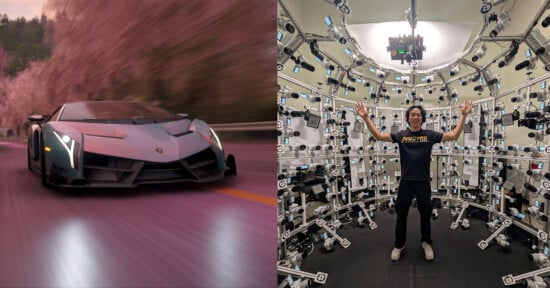 Split image: Left, a sleek gray Lamborghini speeds down a scenic, pink-hued road. Right, a person stands with raised arms inside a circular chamber filled with numerous cameras pointing inward.