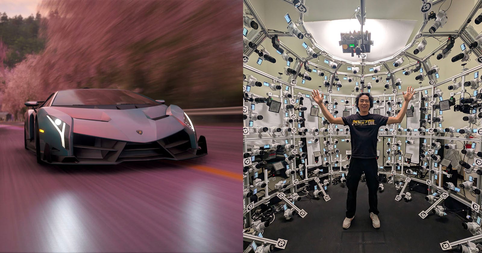 Split image: Left, a sleek gray Lamborghini speeds down a scenic, pink-hued road. Right, a person stands with raised arms inside a circular chamber filled with numerous cameras pointing inward.
