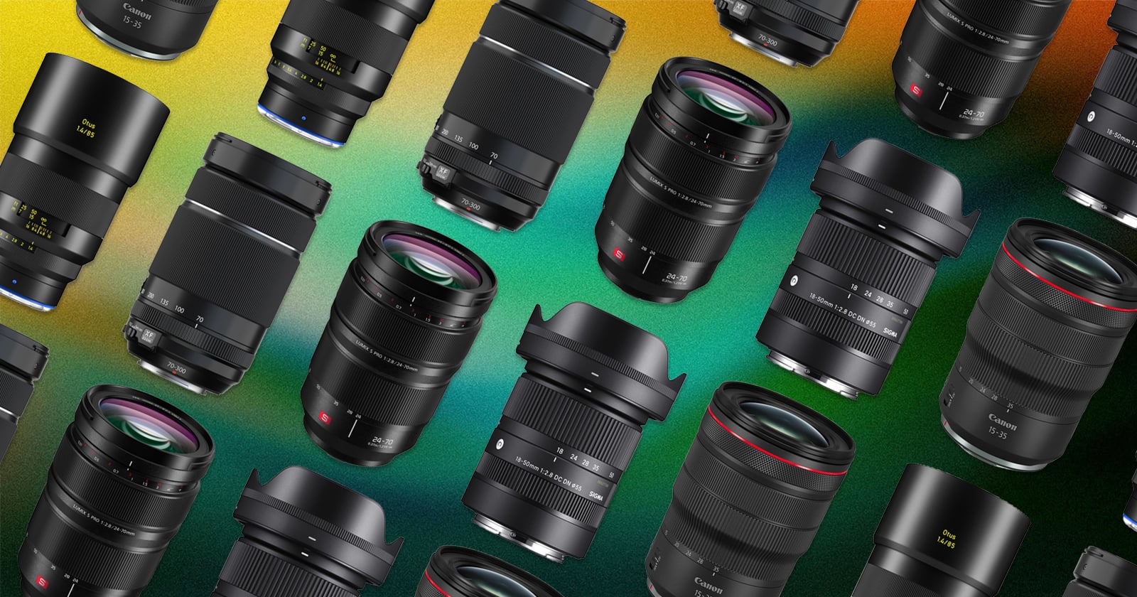 Multiple camera lenses of various sizes and brands are arranged diagonally on a vibrant, gradient background with green, yellow, and orange hues. The lenses are viewed from different angles.