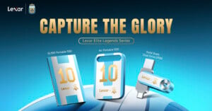 Three Lexar SSD drives with gold “10” and Argentina’s football crest are displayed on a blue and white background, under the text “Capture the Glory - Lexar Elite Legends Series.”.