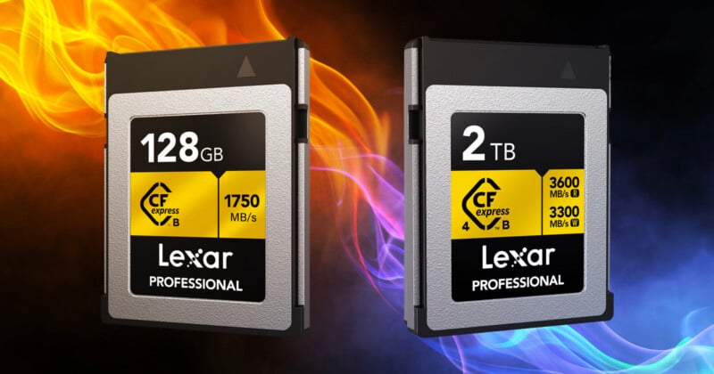 Two Lexar Professional CFexpress memory cards, one with 128GB capacity and 1750 MB/s speed, the other with 2TB capacity and 3600/3300 MB/s speed, are shown with colorful flames in the background.