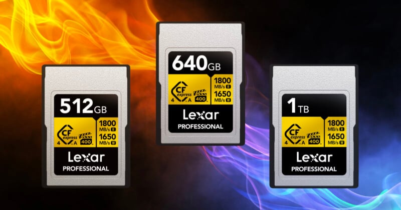 Three Lexar Professional CFexpress memory cards (512GB, 640GB, and 1TB) are displayed against a black background with orange and blue flames. Each card shows read speeds of 1800 MB/s and write speeds of 1650 MB/s.