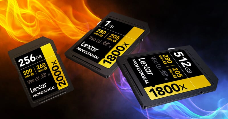 Three Lexar Professional SD memory cards labeled 256GB, 1TB, and 512GB with different speed ratings are displayed against a background of swirling blue and orange flames.