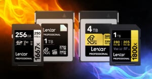 Four Lexar Professional memory cards of different sizes and types are displayed against a vibrant background with orange and blue flames. The cards show capacities of 256GB, 1TB, and 4TB with various speed ratings.