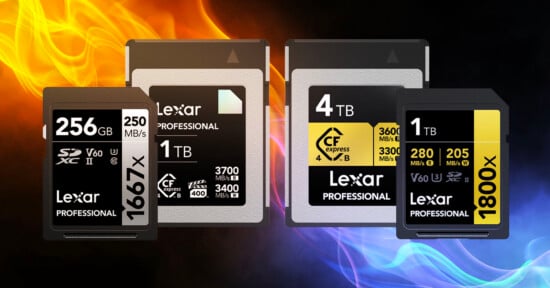 Four Lexar Professional memory cards of different sizes and types are displayed against a vibrant background with orange and blue flames. The cards show capacities of 256GB, 1TB, and 4TB with various speed ratings.