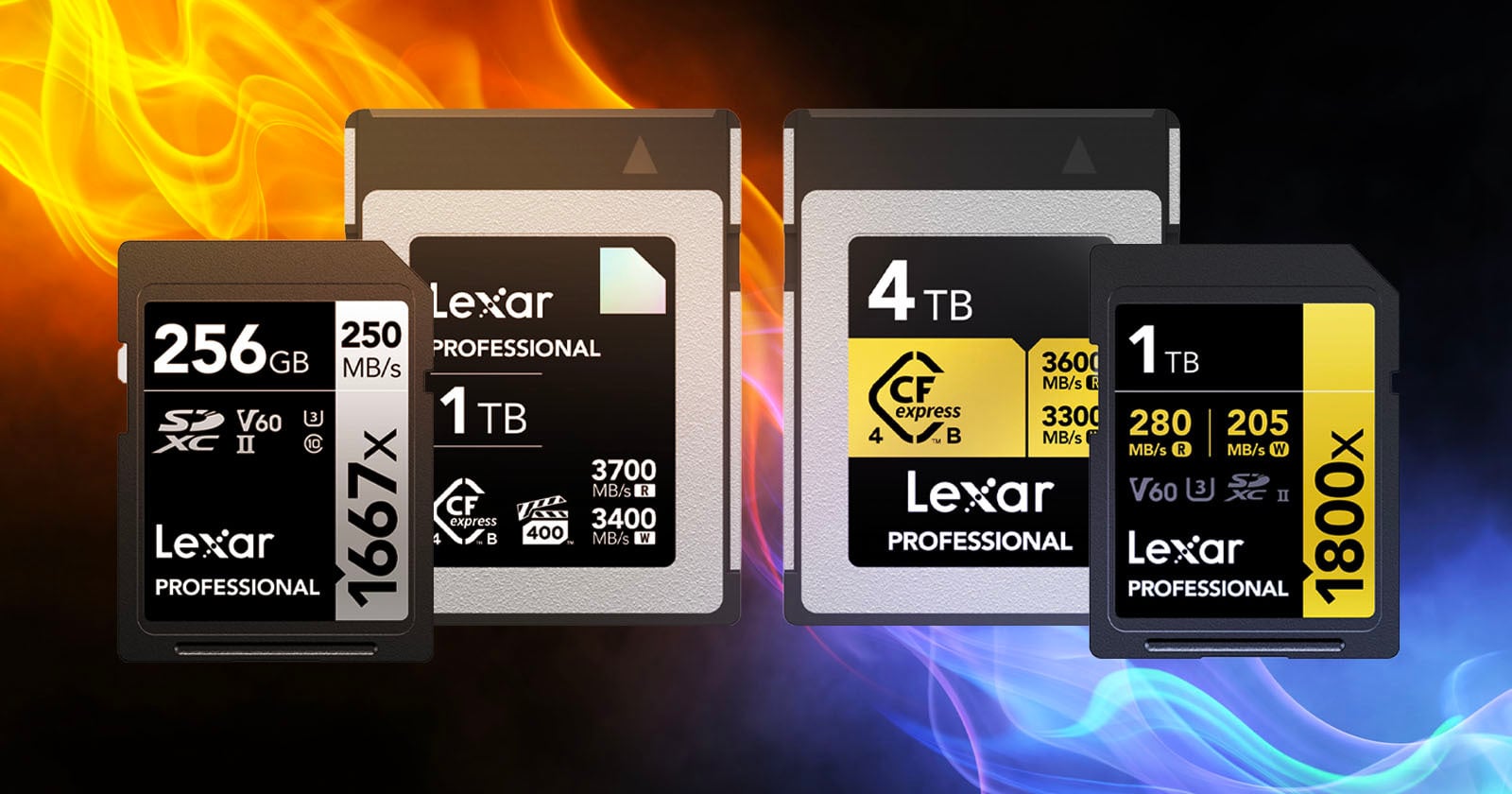 Four Lexar Professional memory cards of different sizes and types are displayed against a vibrant background with orange and blue flames. The cards show capacities of 256GB, 1TB, and 4TB with various speed ratings.