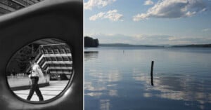 The image is split: on the left, a black and white photo of a security guard walking, seen through a large circular sculpture; on the right, a color photo of a calm lake with wooden posts and a cloudy sky reflected in the water.