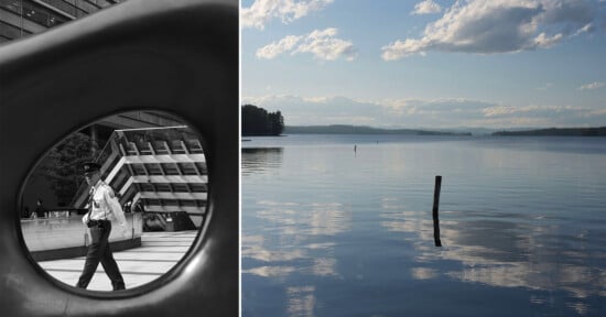 The image is split: on the left, a black and white photo of a security guard walking, seen through a large circular sculpture; on the right, a color photo of a calm lake with wooden posts and a cloudy sky reflected in the water.