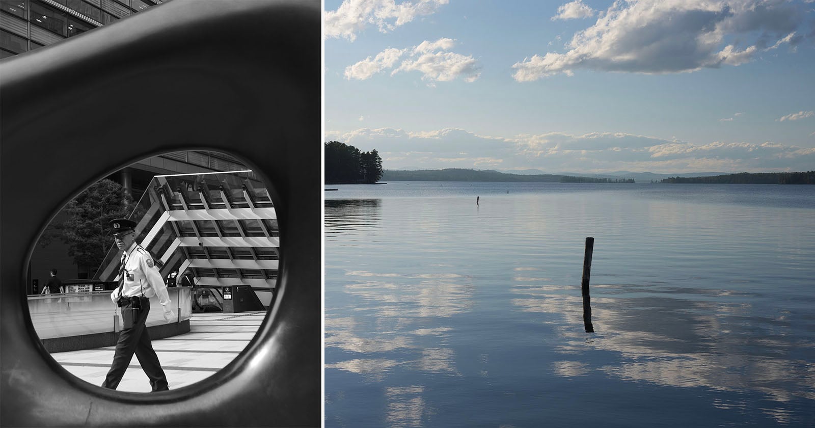 The image is split: on the left, a black and white photo of a security guard walking, seen through a large circular sculpture; on the right, a color photo of a calm lake with wooden posts and a cloudy sky reflected in the water.