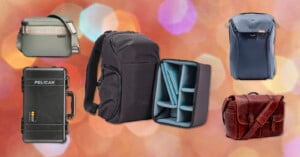 A collage of five different camera bags and cases, including backpacks, messenger bags, a hard case, and an open padded bag with adjustable compartments, displayed against a blurred, colorful background.