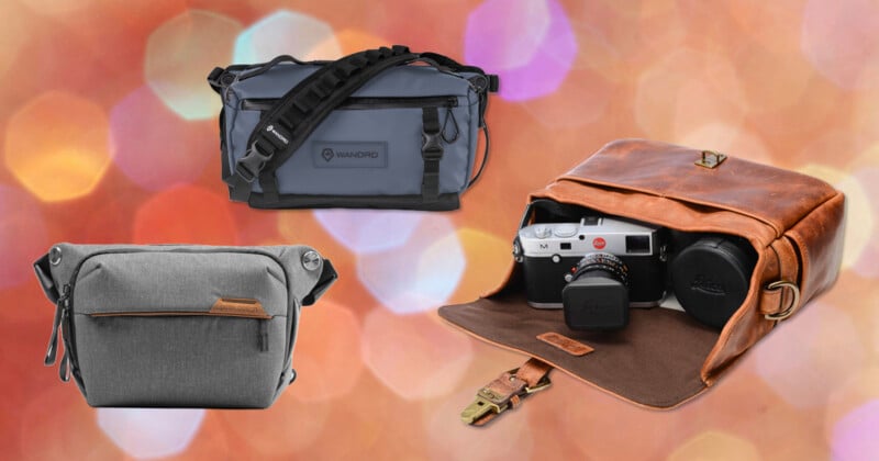 Three camera bags are displayed: a gray messenger-style bag at the top, a small gray pouch at the bottom left, and an open brown leather bag holding a camera and lens at the right, all set against a blurred bokeh background.