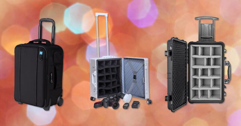 Three different rolling camera cases are displayed side by side against a blurred, colorful background. The cases vary in size and design, with compartments and camera equipment visible in the middle case.