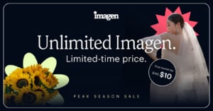 Banner advertisement for Imagen features a bride in a white dress, sunflowers, and text promoting "Unlimited Imagen" at a limited-time price of $10 for the first month, down from $165. "Peak Season Sale" is noted at the bottom.