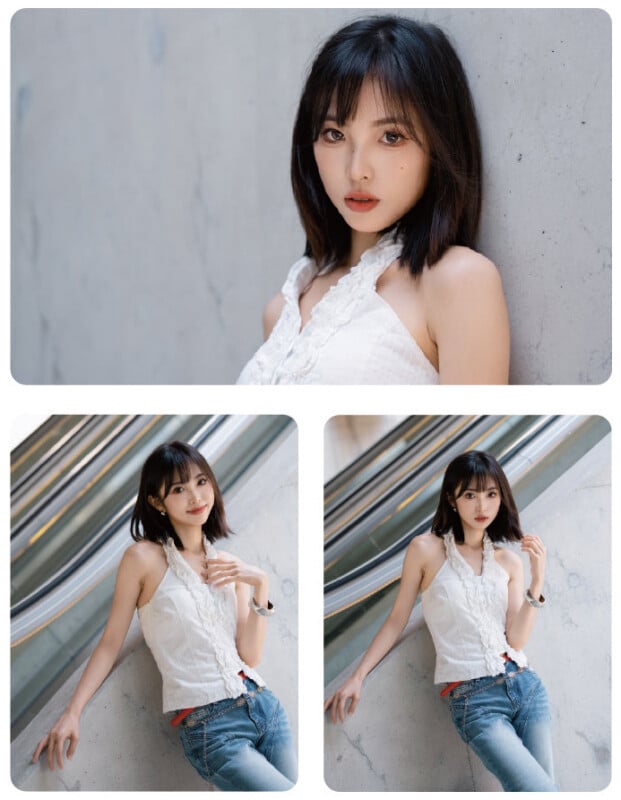 A young woman with straight dark hair, wearing a sleeveless white blouse and blue jeans, poses confidently against a light gray wall and on an escalator in three different photos.