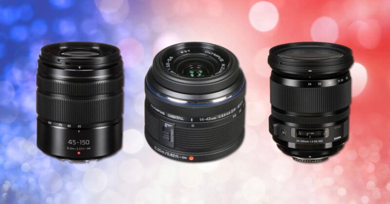 Three camera lenses are displayed side by side against a blurred red, white, and blue background with circular light spots.