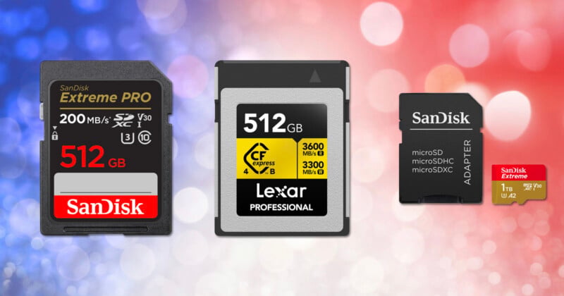 Three memory cards are shown: a SanDisk 512GB SD card, a Lexar Professional 512GB CFexpress card, and a SanDisk 1TB microSD card with an adapter. The background is red and blue with light bokeh effects.