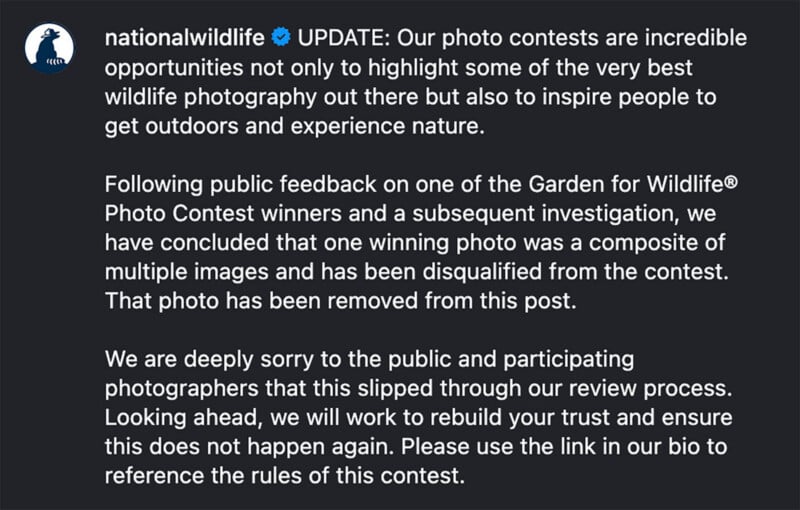 A statement from National Wildlife on Instagram explains that a disqualified contest photo used composites, apologizes to the public, and affirms their commitment to stricter review and trust rebuilding.