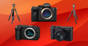 Three digital cameras and three tripods are displayed on a red and orange abstract background. The cameras are from Sony, Canon, and Lumix, and each tripod is set up with its legs extended.