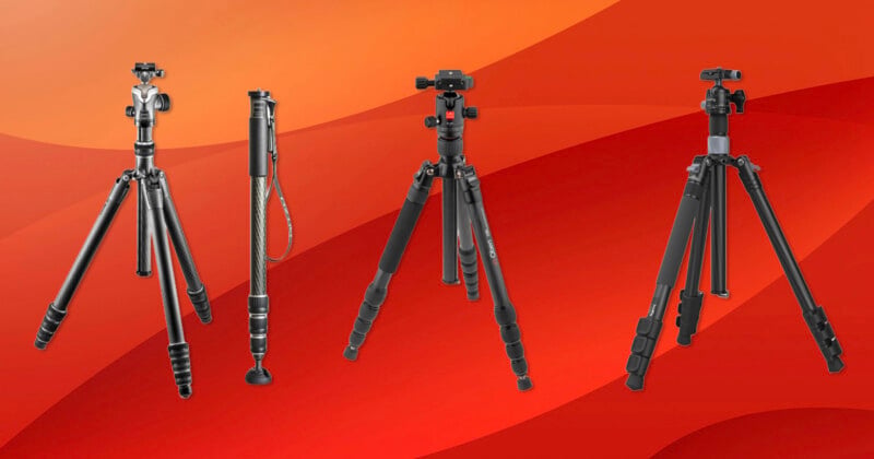 Four different camera tripods and a monopod are displayed upright on a red-orange gradient background, each with varying designs and leg extensions visible.