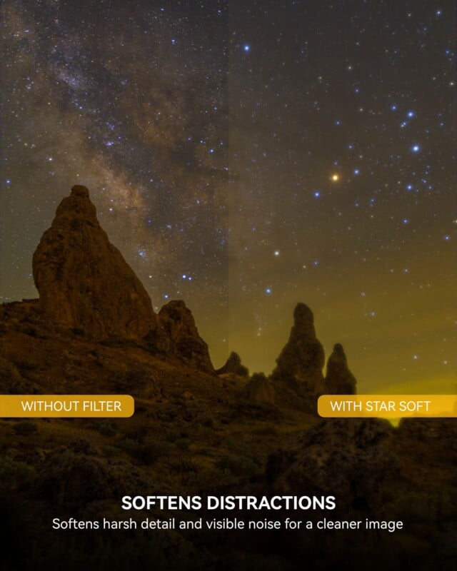 A rocky landscape under a starry night sky is split in two; the left side is sharper and unfiltered, while the right side appears softer with reduced detail. Labels read “Without Filter” and “With Star Soft.” Text below describes image softening.