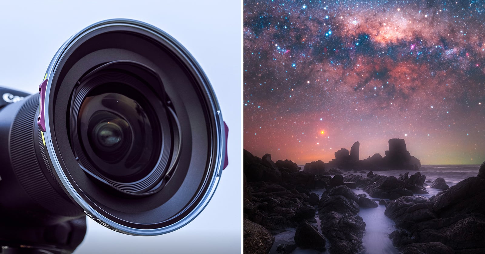 Close-up of a camera lens on the left; on the right, a star-filled night sky with the Milky Way above rocky coastal formations and gentle waves.