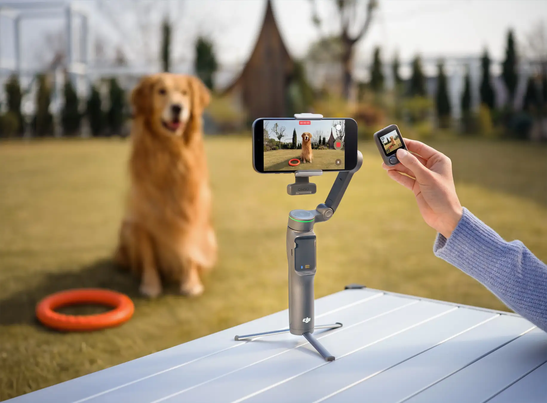 DJI Osmo Mobile 8P Frontansicht mit FrameTap Fernsteuerung
