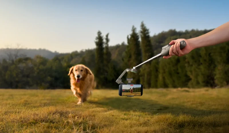 A person holds a smartphone mounted on a gimbal, filming a golden retriever running on a grassy field with trees and hills in the background.