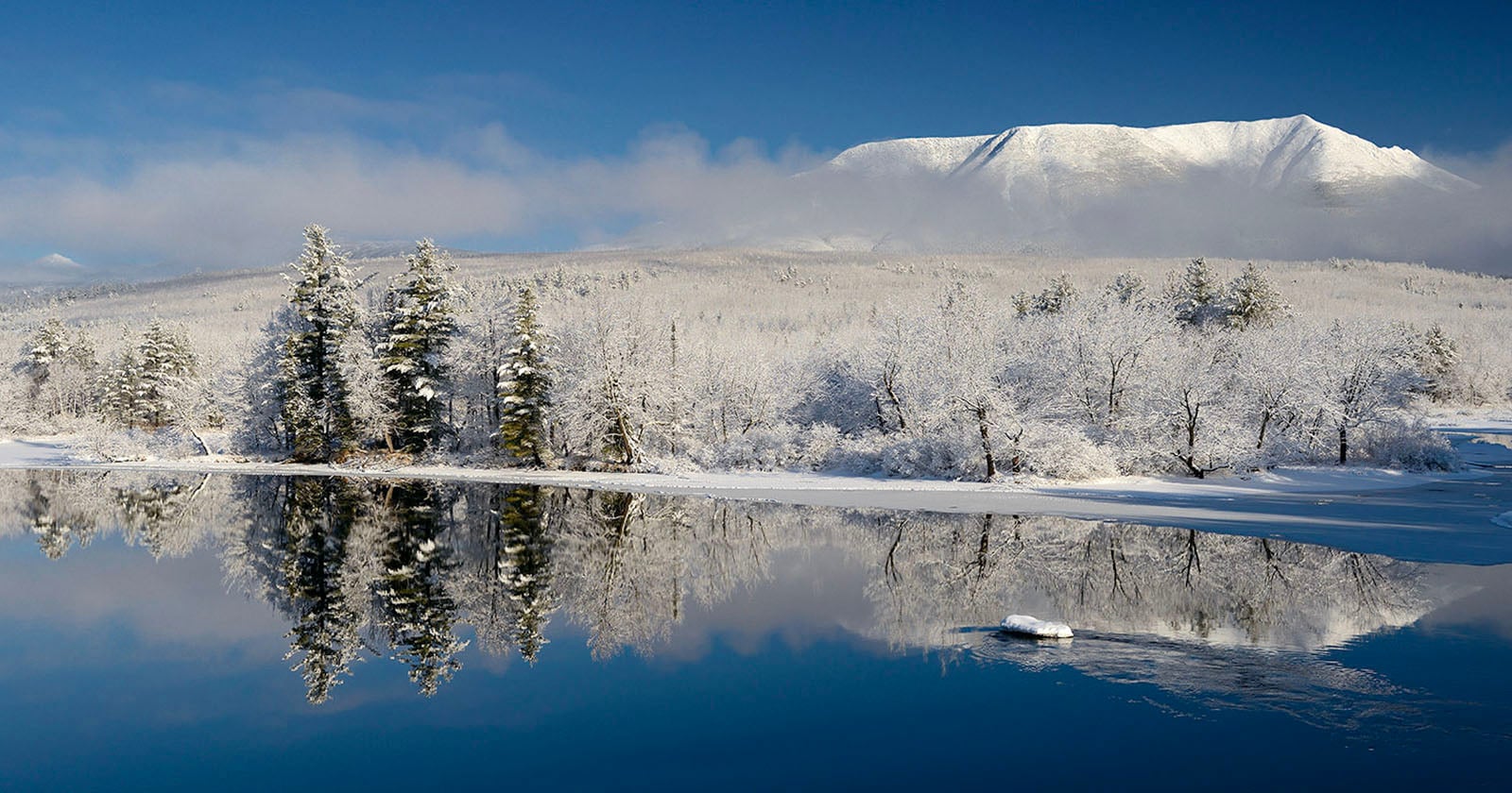 Snow-covered trees and a frosty landscape are reflected in a calm, clear lake, with a tall, snow-capped mountain in the background under a bright blue sky.