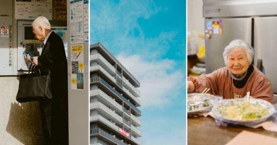 A collage of three photos: an elderly man uses an ATM, a modern apartment building against a blue sky, and an elderly woman smiles at a table with covered dishes.