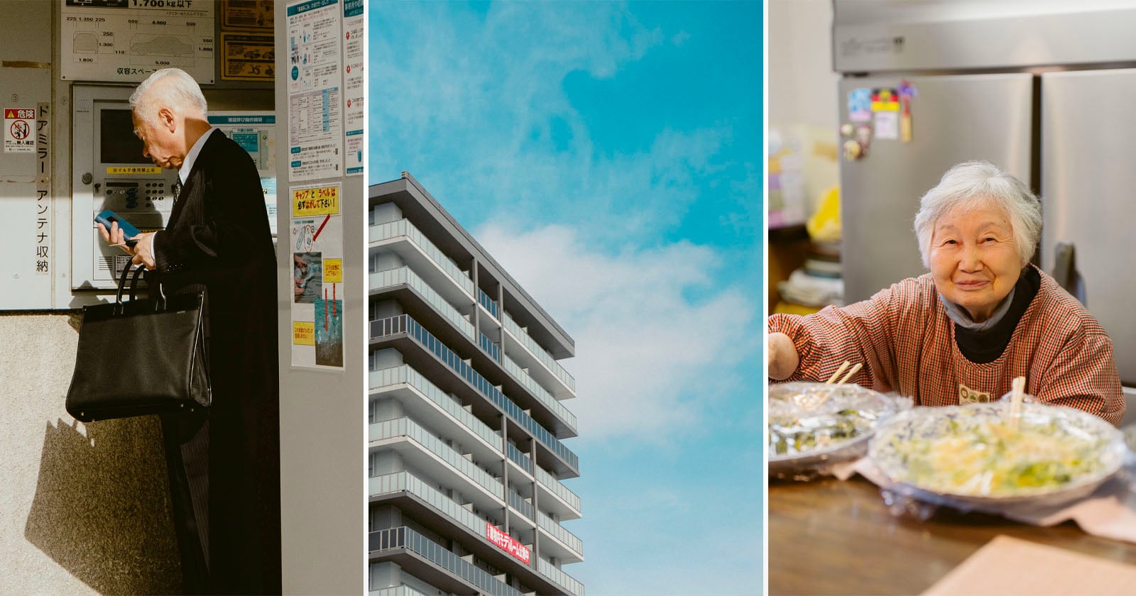 A collage of three photos: an elderly man uses an ATM, a modern apartment building against a blue sky, and an elderly woman smiles at a table with covered dishes.