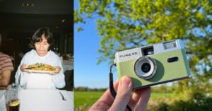 A person excitedly looks at a plate of food in a restaurant on the left, while on the right, a hand holds a retro-style camera outdoors against a background of green trees and a blue sky.