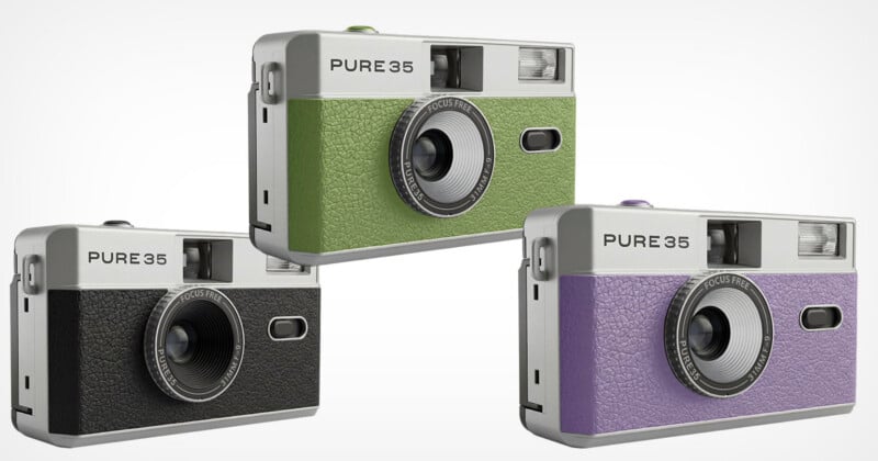 Three vintage-style PURE 35 cameras are shown in black, green, and purple, each with a textured body, prominent lens, and built-in flash, displayed against a white background.