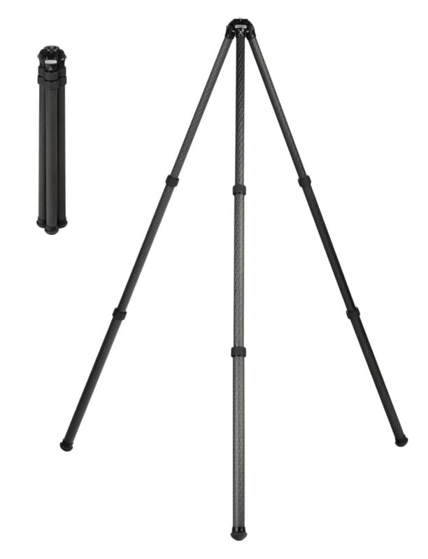 A black tripod is shown fully extended with three legs spread wide; a smaller inset image on the left shows the tripod folded into a compact form.