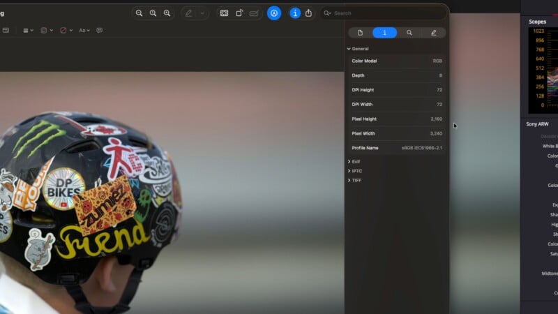 A person wearing a helmet covered in colorful stickers, including logos and designs, is seen from the side. Editing software is open, displaying image details on the right and various adjustment tools at the top.