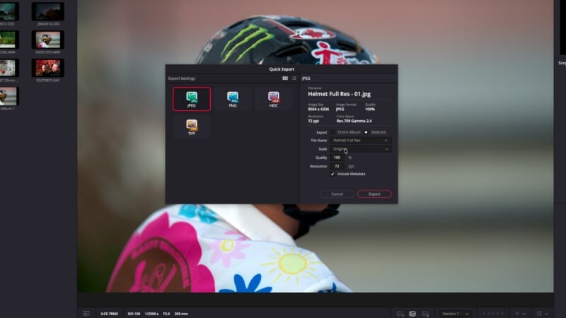 A computer screen displays a photo editing software with an export settings window open over an image of a person wearing a decorated helmet and a colorful jacket. Export format options and image settings are visible.