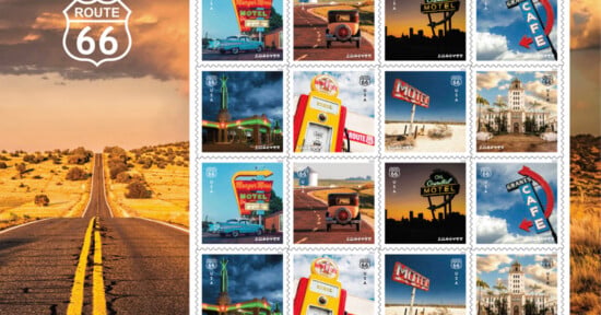 Sheet of Route 66-themed postage stamps featuring vintage cars, gas stations, roadside motels, neon signs, and cafes, with a photo of an open road and Route 66 sign on the left side.