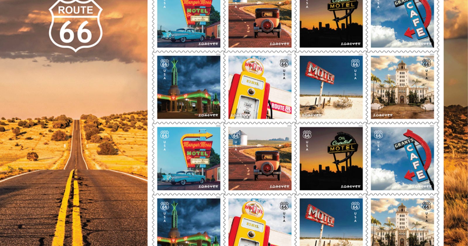 Sheet of Route 66-themed postage stamps featuring vintage cars, gas stations, roadside motels, neon signs, and cafes, with a photo of an open road and Route 66 sign on the left side.