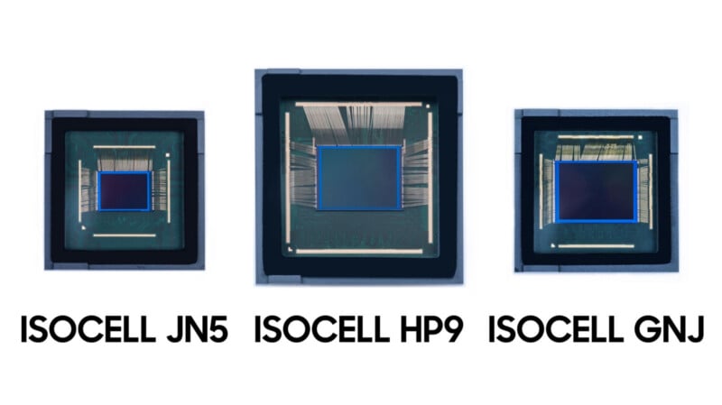 Three electronic sensor chips labeled ISOCELL JN5, ISOCELL HP9, and ISOCELL GNJ, shown side by side on a white background with their names written below each sensor.