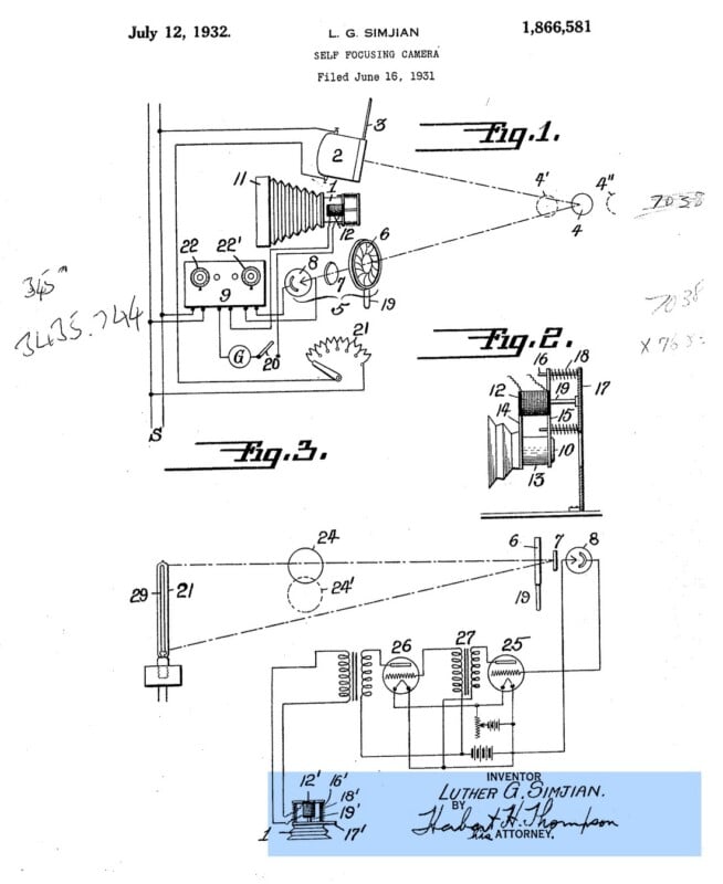 Patent diagram from 1932 for a self-focusing camera, showing technical drawings, labeled components, electrical circuits, and signatures.