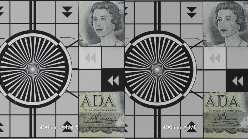 Side-by-side comparison of two close-up photos of a test chart and currency detail, labeled "400mm @ f/4.5" (left) and "400mm @ f/8" (right), showing differences in sharpness and clarity.