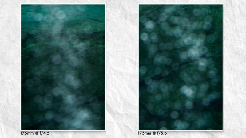 Side-by-side images of an underwater scene, both predominantly green and blurred with bubbles. Left image: sharper focus, labeled "175mm @ f/4.5." Right image: more blurred, labeled "175mm @ f/5.6.