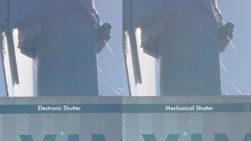 Side-by-side comparison of photo taken with electronic shutter (left) and mechanical shutter (right), showing the difference in the alignment of a vertical pole under strong sunlight.