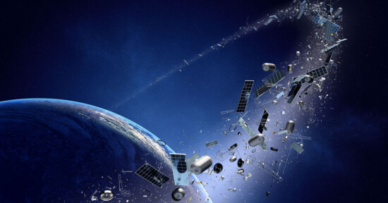 A large collection of space debris, including broken satellites and fragments, orbits above Earth against a dark blue, starry background.