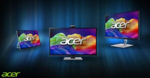Three Acer computer monitors are displayed against a blue gradient background, each showing a vibrant, colorful abstract image with the Acer logo in the center. The Acer logo appears in the bottom left corner.