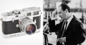 A vintage Leica MP film camera on the left, and a black-and-white photo of a man in a suit scratching his head on the right.