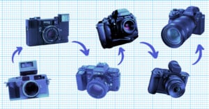Six different cameras are arranged in a sequence with arrows between them, illustrating the evolution of camera design from older film models to modern digital cameras, on a blue grid background.