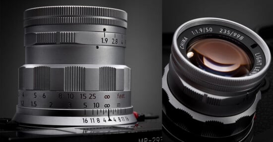 Close-up images of a silver camera lens, showing engraved aperture and focus markings. The front lens element displays text: “CHINA 1:1.9/50 235/998 LIGHT LENS.” The lens body has a metallic finish.
